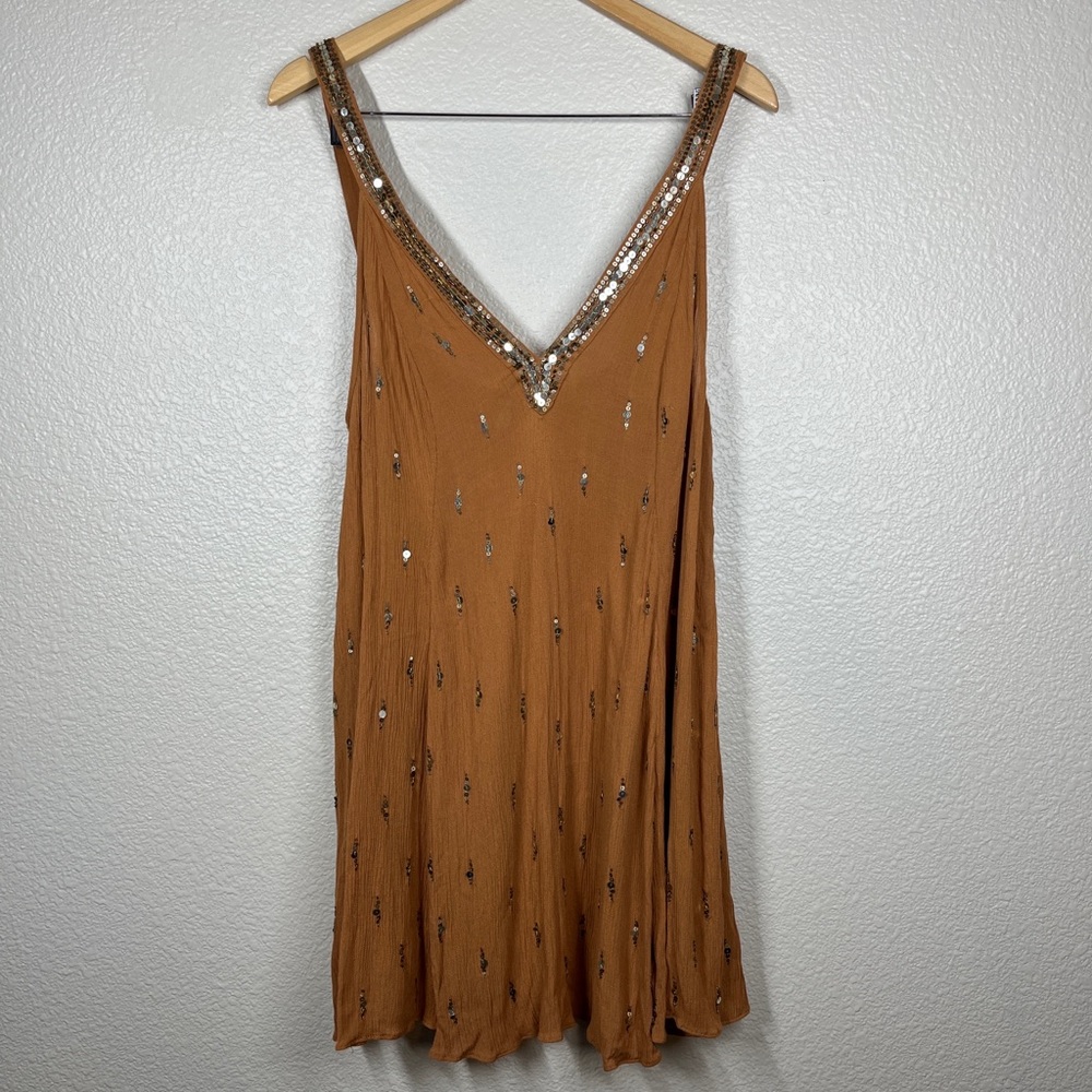Intimately Free People Mini Dress Burnt Orange Tunic Sequin Sleeveless Sz Medium
